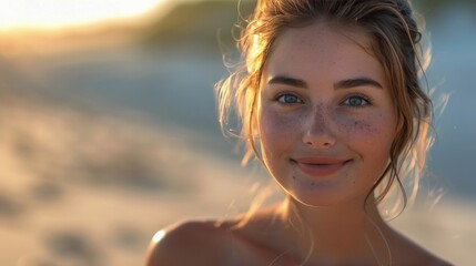 Naklejka premium Beautiful Young Woman on Top of Beach