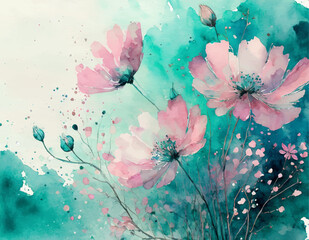 Beautiful pink watercolor flowers on a turquoise background. Drawing with color brush strokes, floral vector pattern. 
