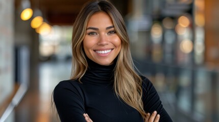 Obraz premium Woman stands, arms crossed, smiling at camera
