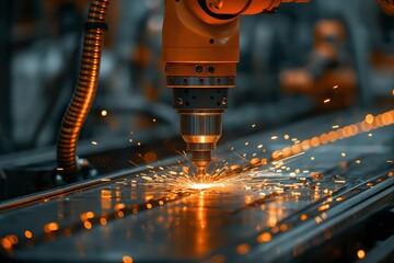 Industrial robot performing welding in factory