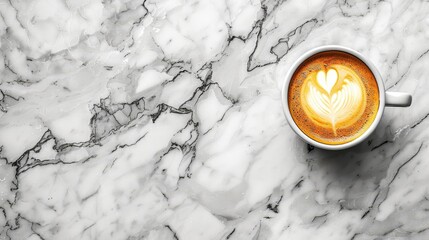   A cup of cappuccino, topped with a heart design, sits on a marble countertop boasting a black-and-white pattern - Powered by Adobe