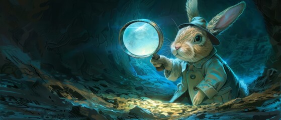 A cute of a burrowing animal, showing a rabbit in a detective outfit solving mysteries, with cyber styles, set in a mysterious underground burrow, Sharpen banner with copy space