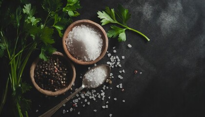  Salt, pepper and parsley on black background. - Powered by Adobe