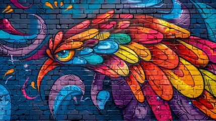 vivid graffiti on brick wall with intricate designs, showcasing urban street art concept and vibrant colors