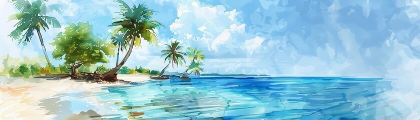 A watercolor of holiday featuring a beach vacation scene in cyberpunk styles, clipart watercolor easy detail on white background © JK_kyoto