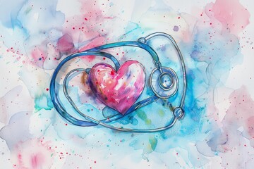 A watercolor of medical illustrating a stethoscope and heart in vintage styles, Simple detail clipart cute watercolor on white background