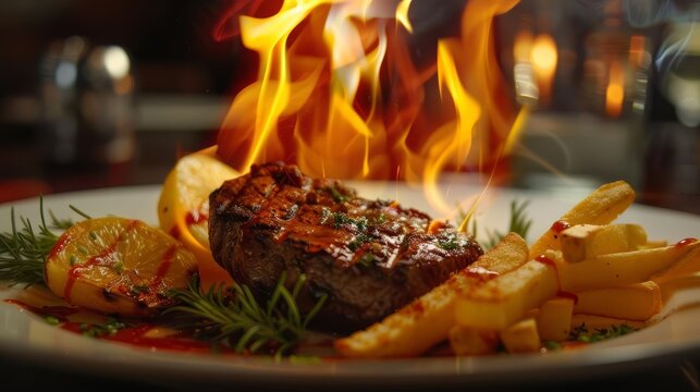 Admire the fiery explosion of a steak frites dish