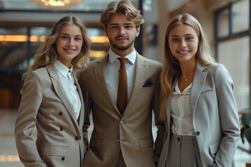A young, attractive businessman in casual formal attire flanked by two smiling professional women