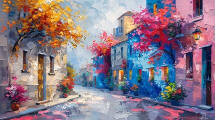 A colorful painting of a town square with a church in the background