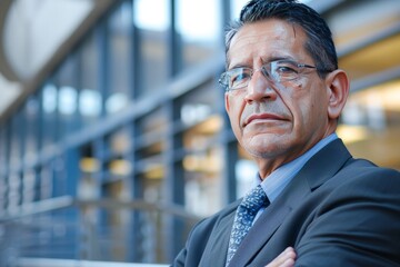 Fototapeta premium A man wearing a suit and tie stands with his arms crossed in a confident pose