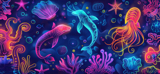 tropical pop art design, playful pop art tropical backdrop with bright neon colors and whimsical sea creature illustrations, ideal for a lively invitation design