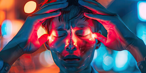 Migraine Misery: The Intense Headache and Light Sensitivity - Picture a person holding their head in pain, with bright lights causing discomfort, illustrating the symptoms of a migraine headache