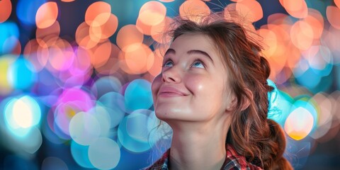Fototapeta premium A woman standing outdoors, gazing up at the sky with bright lights shining in the background
