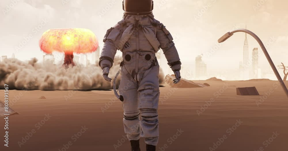 Wall mural a person walking away from a war-torn city. an atomic bomb explodes. post-apocalyptic scene. great d