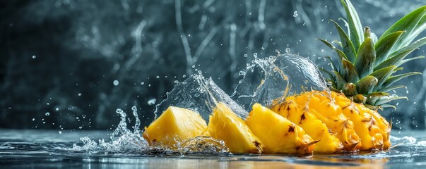 Splashing water on sliced pineapple panorama