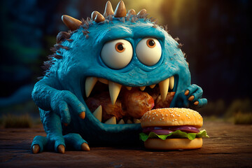 Fototapeta premium Burger lover. Gluttony. Cute blue monster overeats street food. Illustration for children's menu, pizzeria, article, cover. Cartoon with junk food concept