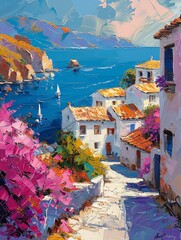 A painting of a pink building with a yellow door and a tree in front of it