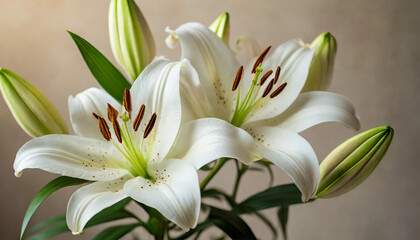 Fototapeta premium beautiful white lilies on light background, evoking gentleness and purity