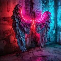 Neon angel wings have dark background for a photoshoot, neon angel wings illuminated by pink and blue lights concept, AI generated