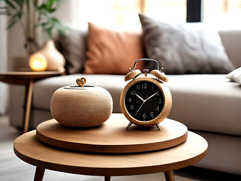 Boho interior design of modern living room, home. Close up of alarm clock on round wooden table near sofa.