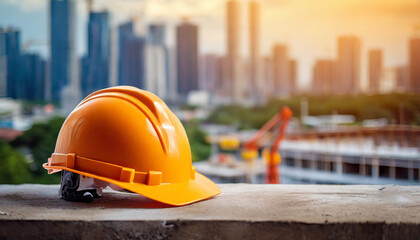 Construction helmet on blurred site background, symbolizing labor, safety, industry. Copy space available
