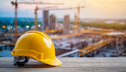 Construction helmet on blurred site background, symbolizing labor, safety, industry. Copy space available