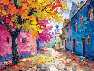 A colorful painting of a town square with a church in the background