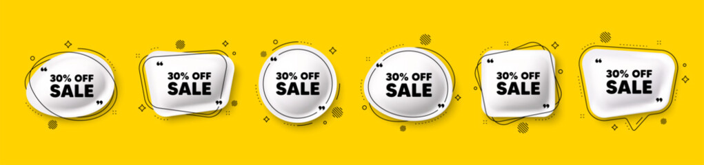 Obraz premium Sale 30 percent off discount. Speech bubble 3d icons set. Promotion price offer sign. Retail badge symbol. Sale chat talk message. Speech bubble banners with comma. Text balloons. Vector