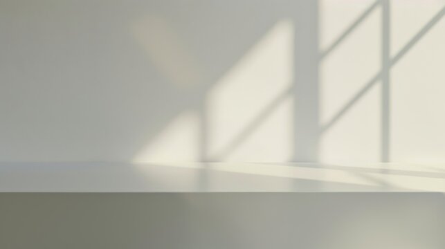 3D studio room with a podium on a white background. Empty floor and wall with shadow overlay from window onto tabletop. Stand with sunlight for product presentation. Interior mockup with countertop.