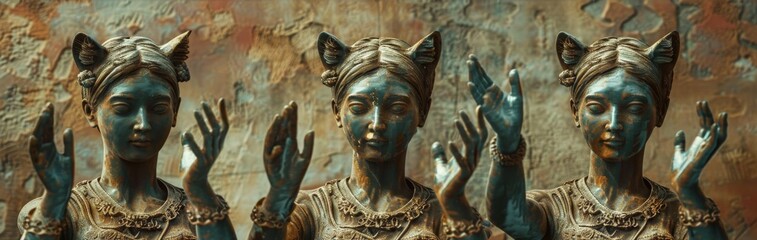Surreal bronze sculptures of women with cat ears, fantasy-inspired decor, unique mystical statues