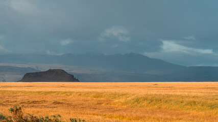 Icelandic panoramas, wide plains with mountains in the distance. Colours, volcanic lands, northern...
