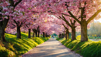 Naklejka premium scenic park adorned with rows of blooming cherry blossoms, inviting serenity and awe in viewers