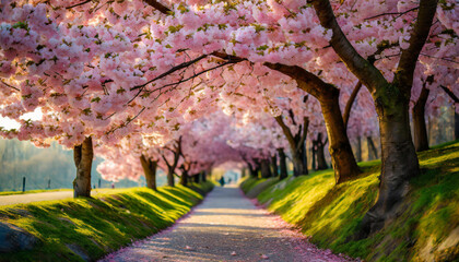 scenic park adorned with rows of blooming cherry blossoms, inviting serenity and awe in viewers