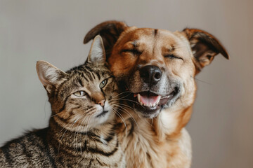 Portrait of Happy dog and cat that looking at the camera together isolated on grey background, friendship between dog and cat, amazing friendliness of the pets.