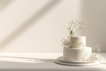 A beautiful white cake decorated with delicate twigs on a light background. Concept for celebrating birthday, anniversary, wedding.
