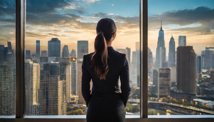 Silhouette of person standing by glass window, contemplating cityscape view. Conceptual image for...
