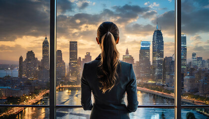 Silhouette of person standing by glass window, contemplating cityscape view. Conceptual image for success, aspiration, and future planning
