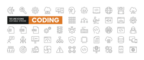 Set of 50 Coding and Programming line icons set. Coding outline icons with editable stroke collection. Includes Cloud Computing, Programmer, Website, Data, Bugs, and More. 