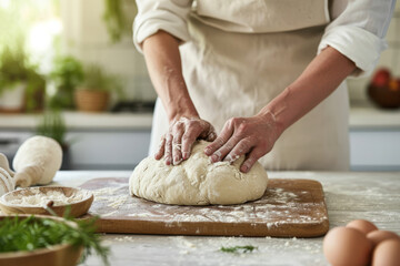 Fototapeta premium Baker's hands knead dough on the table in a bright kitchen 