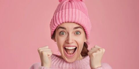 A woman in a pink sweater and matching hat stands outdoors