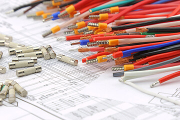 Copper electrical installation wires in colored insulation. Close-up.