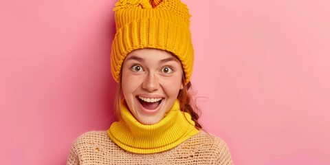 A woman dressed in a yellow knitted hat and scarf