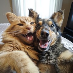 Naklejka premium Cheerful comical dog with a cat take a selfie on camera 
