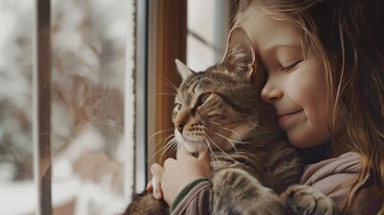 Fototapeta na wymiar An American Shorthair looks happy in the arms of a seven-year-old girl by the window.