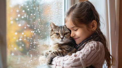 An American Shorthair looks happy in the arms of a seven-year-old girl by the window.