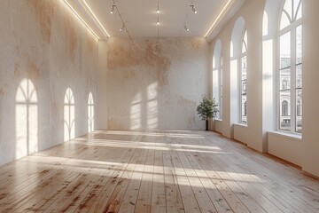 An expansive, sunlit room with large arched windows overlooking a classical building, reflecting the wooden flooring