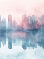 Abstract Watercolor Cityscape Reflection In Water