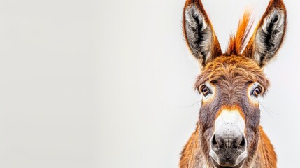   A close-up of a donkey's face against a white wall backdrop