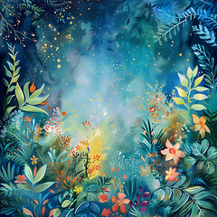 Serene Beautiful fantasy Jungle with colorful plants.