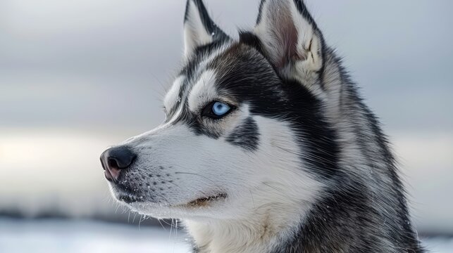   A husky's face, tightly framed in close up, set against a backdrop of cloud-specked sky